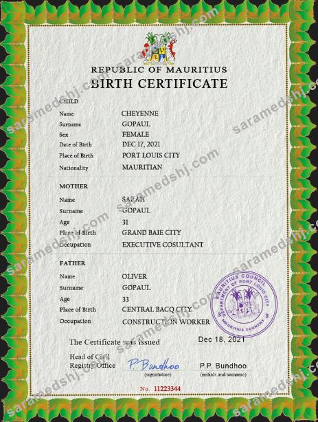 Mauritius vital record birth certificate PSD template